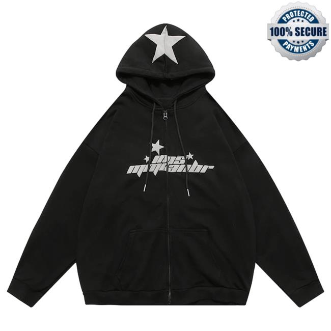 Lemandik Retro Zip Up Crew neck Sweatshirt Black Foam Star