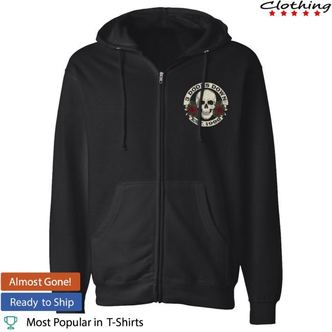 Official 3 Doors Down Merch Snake Skull Skull And Roses Zip Pullover Hoodie