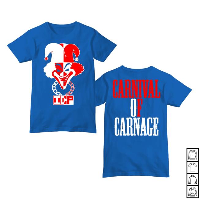Official Icp Merch Clothing Store Insane Clown Posse 30 Years Carnival Of Carnage White & Red Logo Blue Shirt 2023