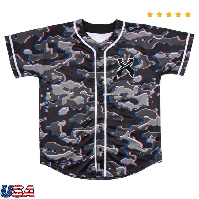 Official Excision Merch Excision Black/Red/Blue Camo Baseball Jersey T-Shirts