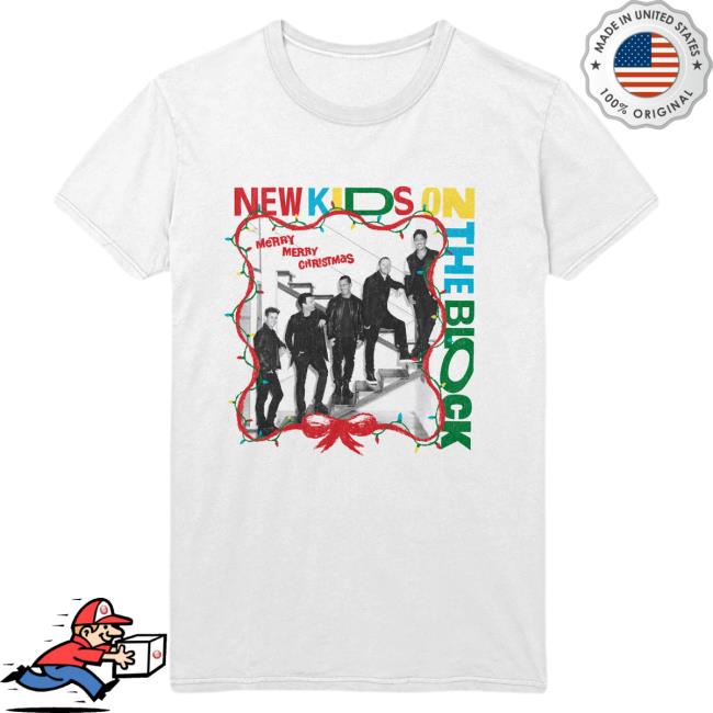 Official Merch Bar New Kids On The Block Store Nkotb Holiday Staircase Photo Pullover Sweatshirt White MerchBar NewKidsOnTheBlock