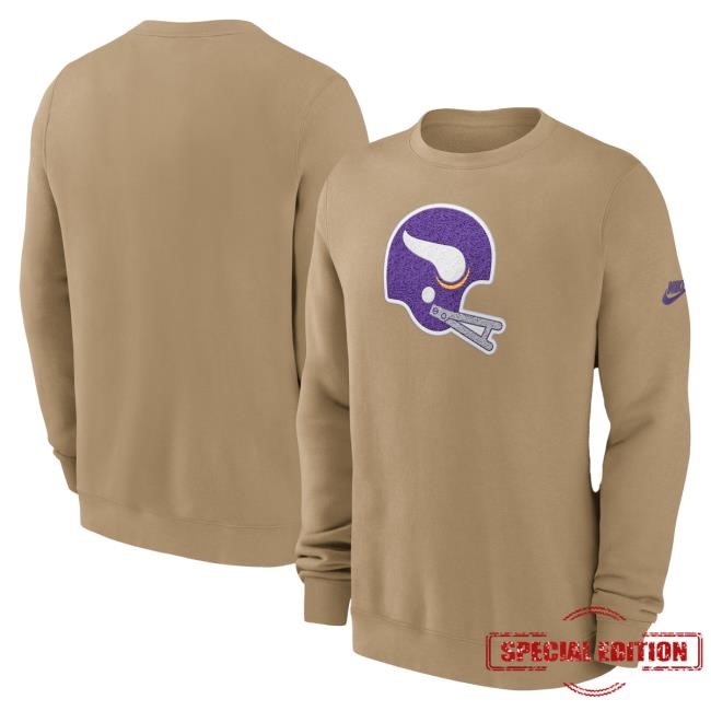 Official Minnesota Vikings Clothing Men's Nike Tan Minnesota Vikings Swing Pass Rewind Club Crewneck Sweatshirt MinnesotaVikings
