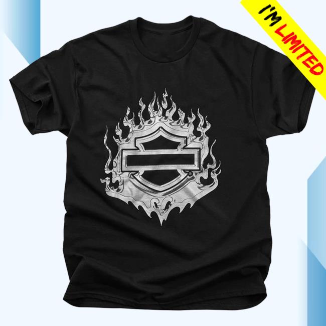 Official Post Malone Merch Store Post Malone Post Malone X H-D Flaming Bar & Shield Black T-Shirt Post Malone Apparel Clothing Shop PostMalone