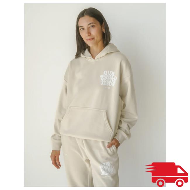 Official Elevated Faith Clothing Our World Needs Jesus Beige Unisex Sweatshirt