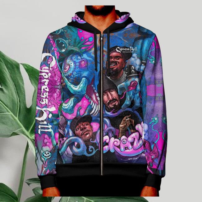 Official Cypress Hill Merch Aop Cypress Hill Crazy All Over Print Zip Up Hooded Sweatshirt CypressHill
