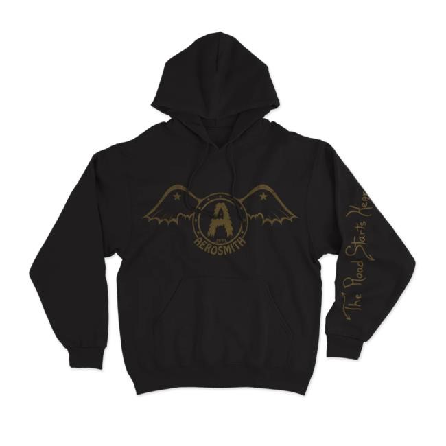 Aerosmith Official Store The Road Starts Hear Black Long Sleeve Hoodie Aerosmith