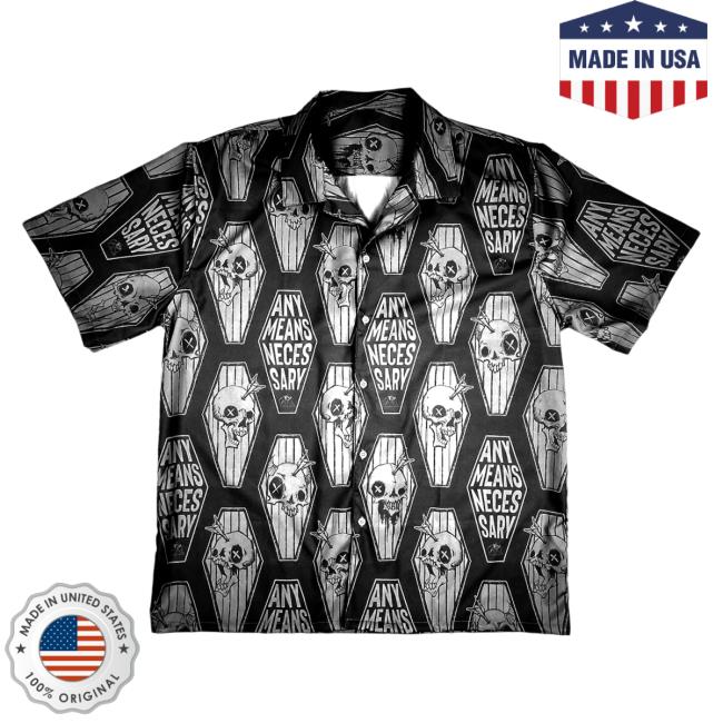 Official Any Means Necessary Clothing All Over Print Any Casket Button Up Black Shirts Aop
