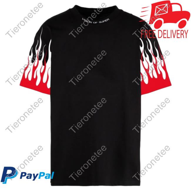 Official Vision Of Super Black Tees With Printed Red And White Flames