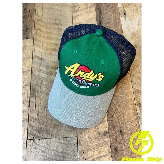 Official Andy's Frozen Custard Merch NEW! Trucker Hat - Embroidered Grey-Green-Navy