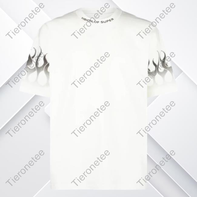 Official Vision Of Super White Tee Shirt With Grey Gradient Flames